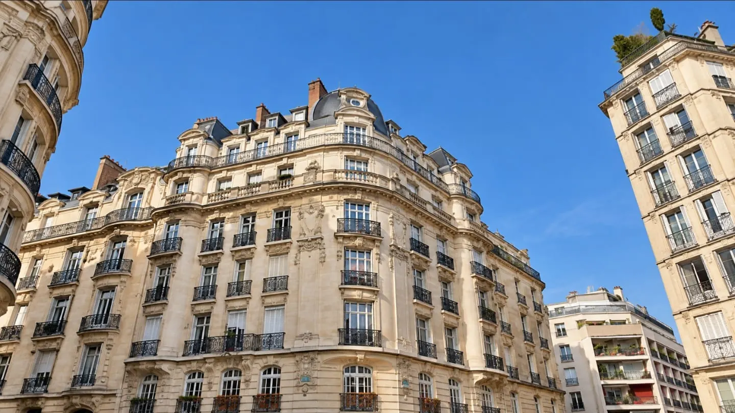 Façade haussmannienne en pierre de taille sous un ciel bleu